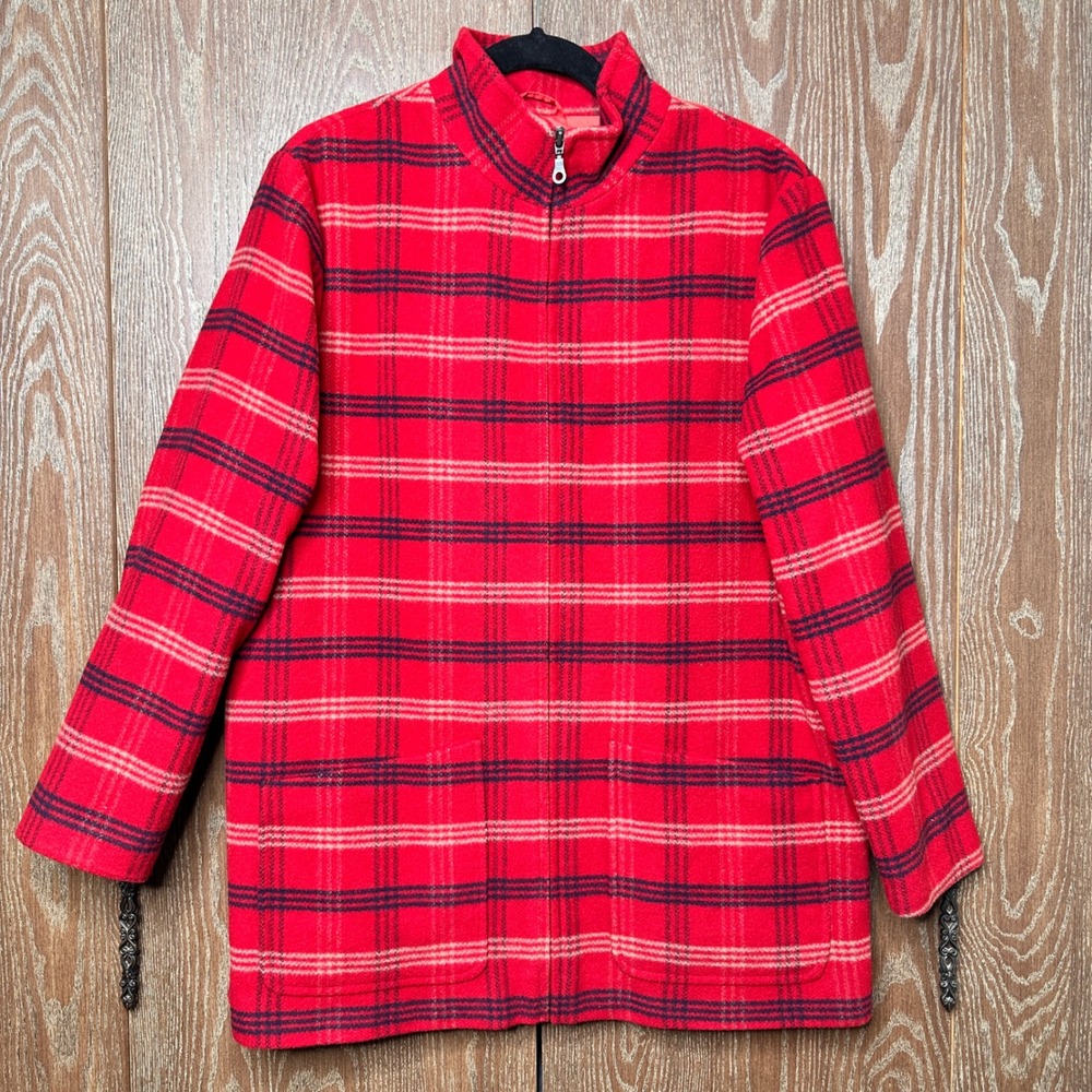 Vtg Plaid Wool Blend Zip Front Jacket Women M Black Red Lined Imagio Turkey Made